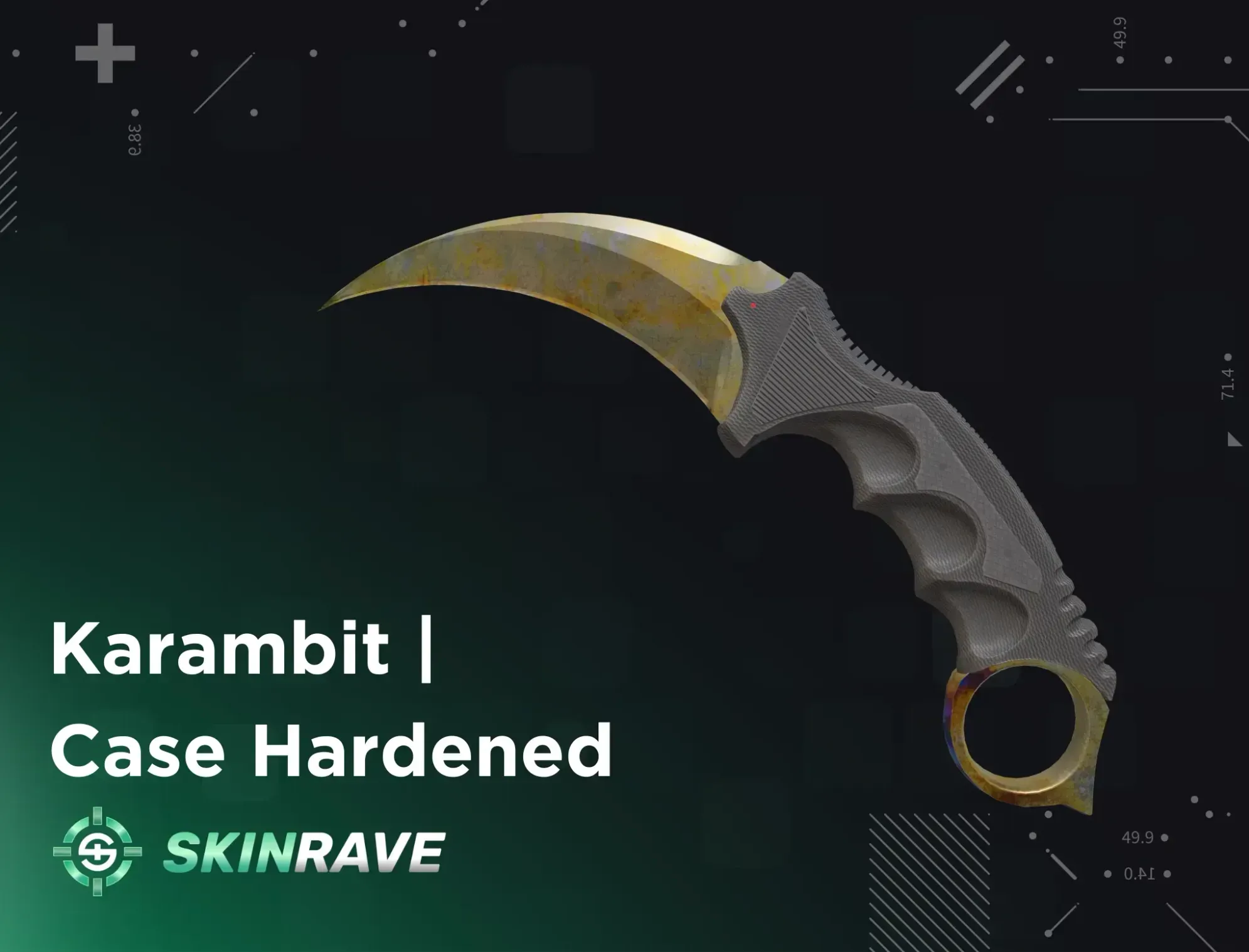 Karambit Case Hardened Gold Gem displayed on a black-and-green tech Skinrave background