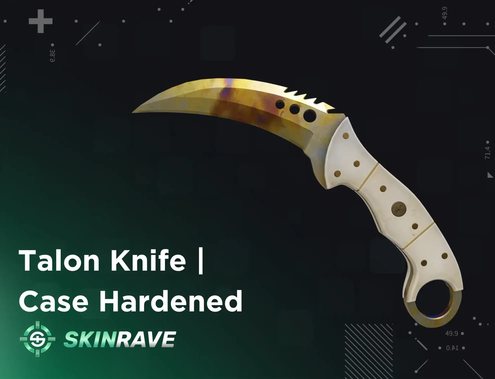 Talon Knife Case Hardened Gold Gem displayed on a black-and-green tech Skinrave background