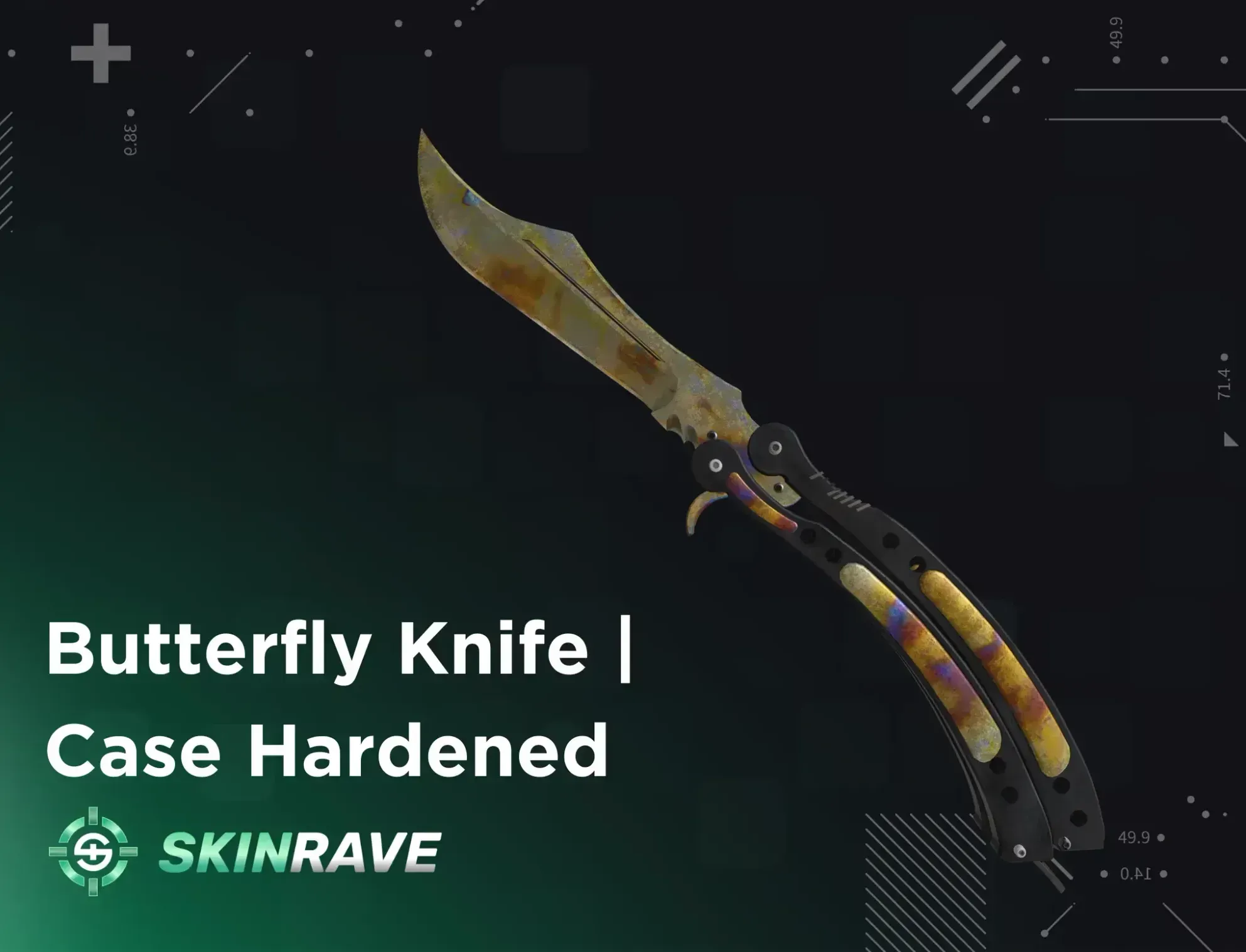 Butterfly Knife Case Hardened Gold Gem displayed on a black-and-green tech Skinrave background