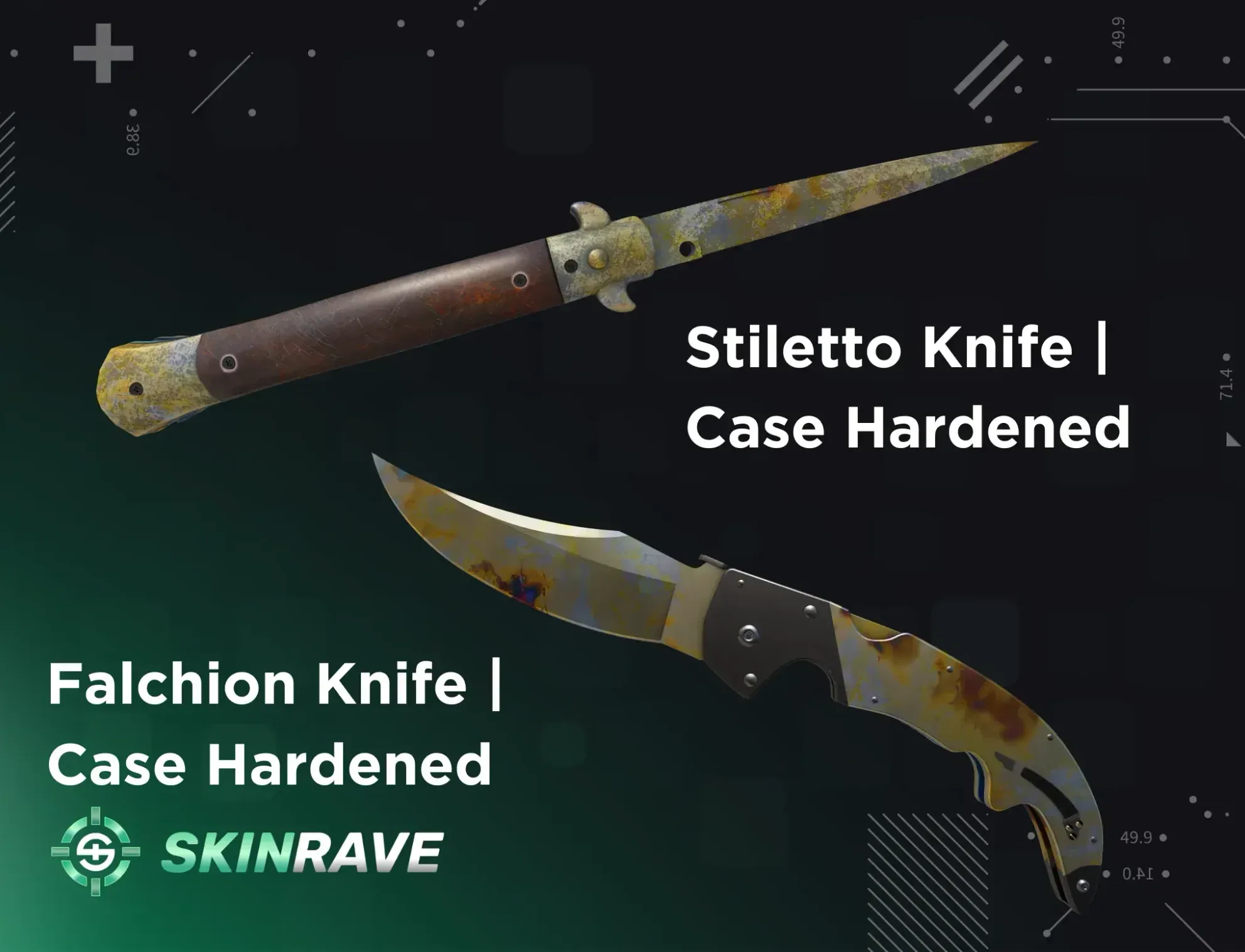 Falchion Knife Case Hardened Gold Gem and Stiletto Knife Case Hardened Gold Gem displayed on a black-and-green tech Skinrave background