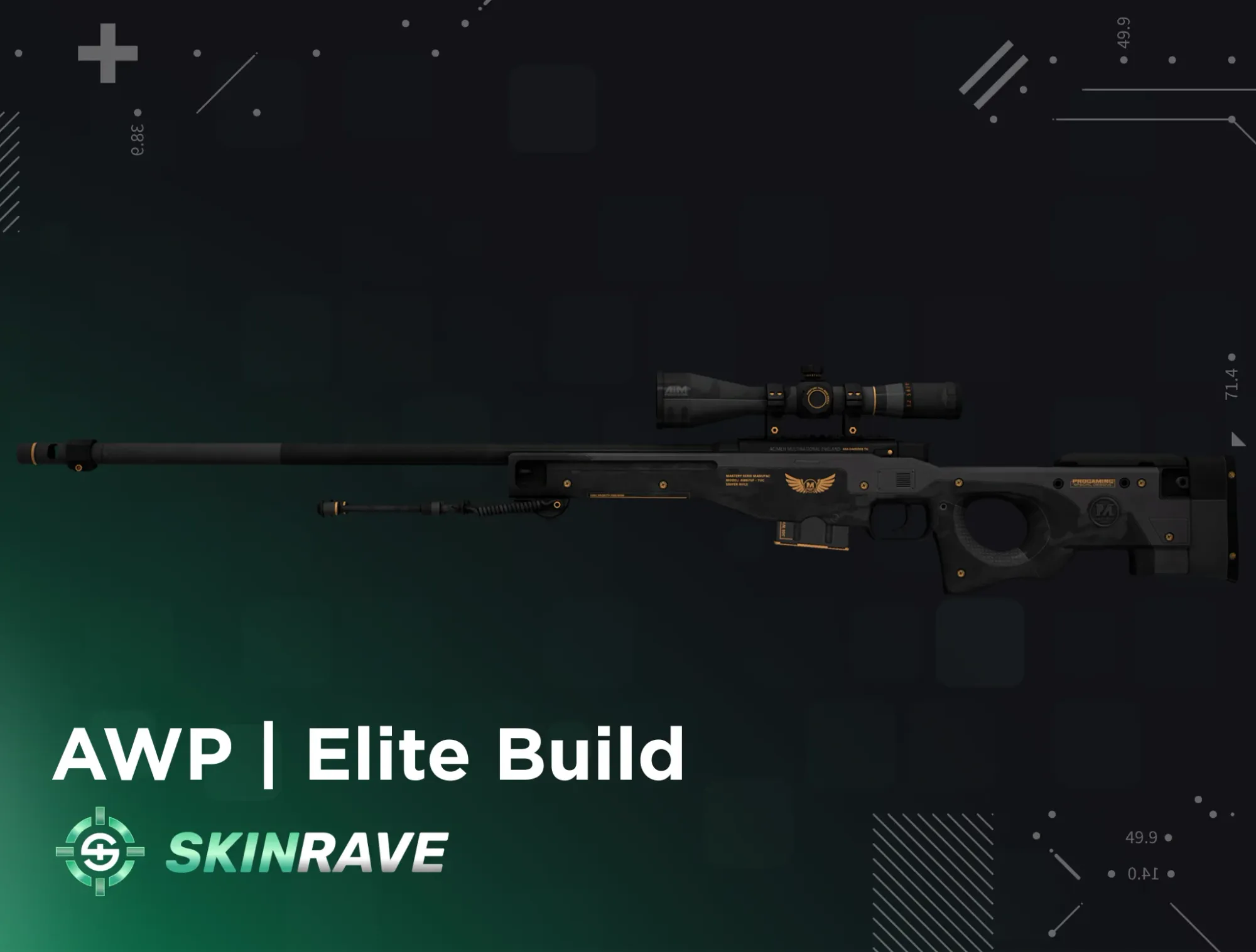 Black AWP Elite Build skin in CS2 featuring tactical gold accents, showcased on Skinrave