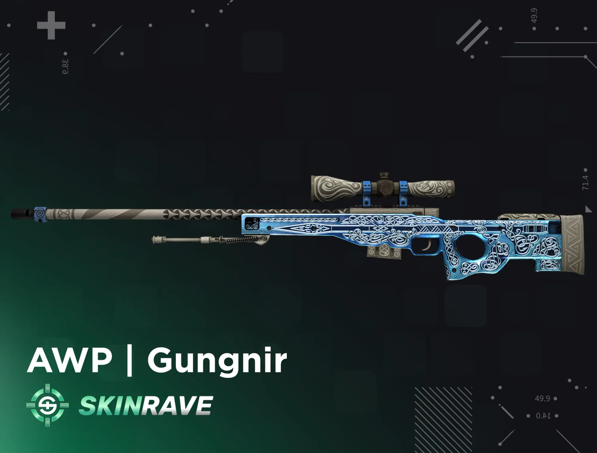 AWP Gungnir CS2 skin – high-tier sniper rifle with intricate Norse blue design, a rare and luxurious blue skin.
