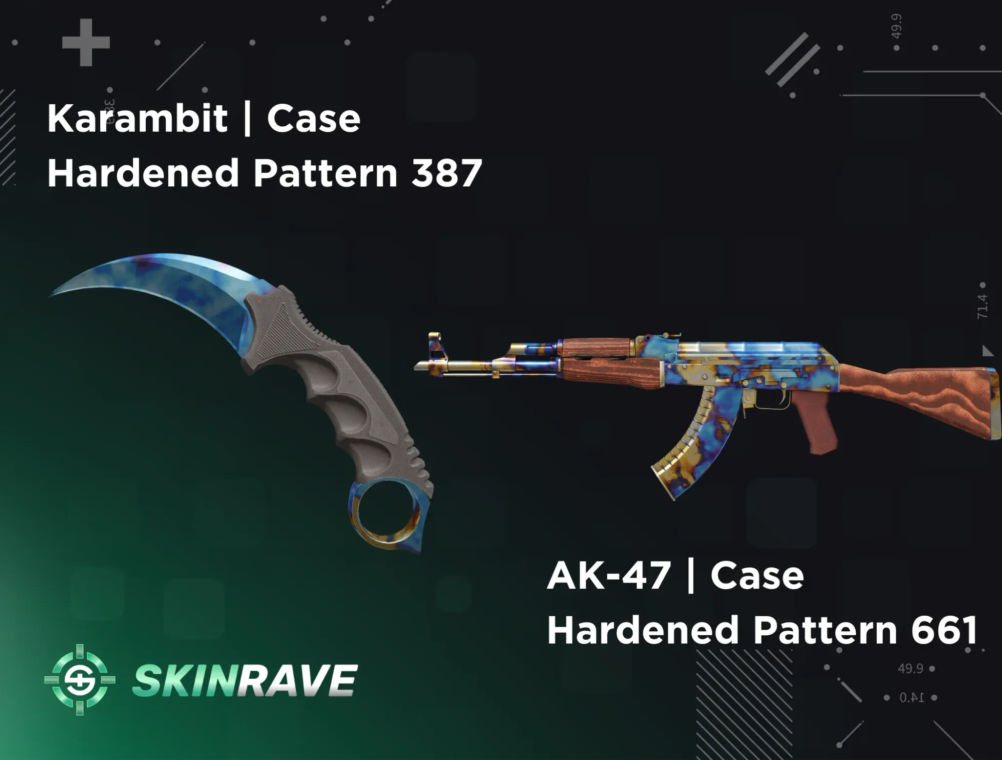 CS2 Blue Gem Skins – Karambit Case Hardened Pattern 387 and AK-47 Case Hardened Pattern 661, the most valuable and iconic blue-pattern skins in Counter-Strike 2 featured by SkinRave