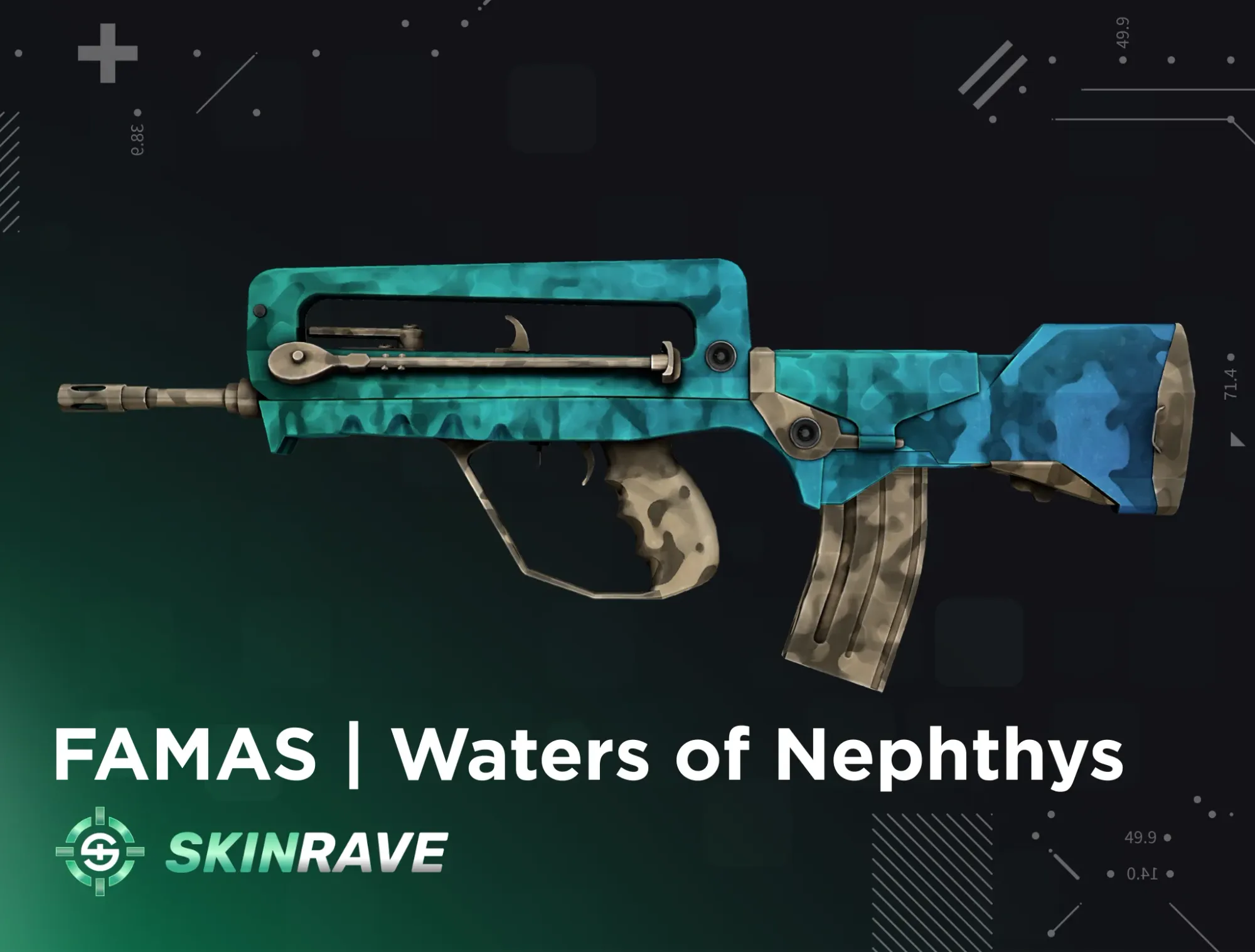 FAMAS Waters of Nephthys CS2 skin – a unique blue-green camo rifle skin inspired by ancient mythological waters.