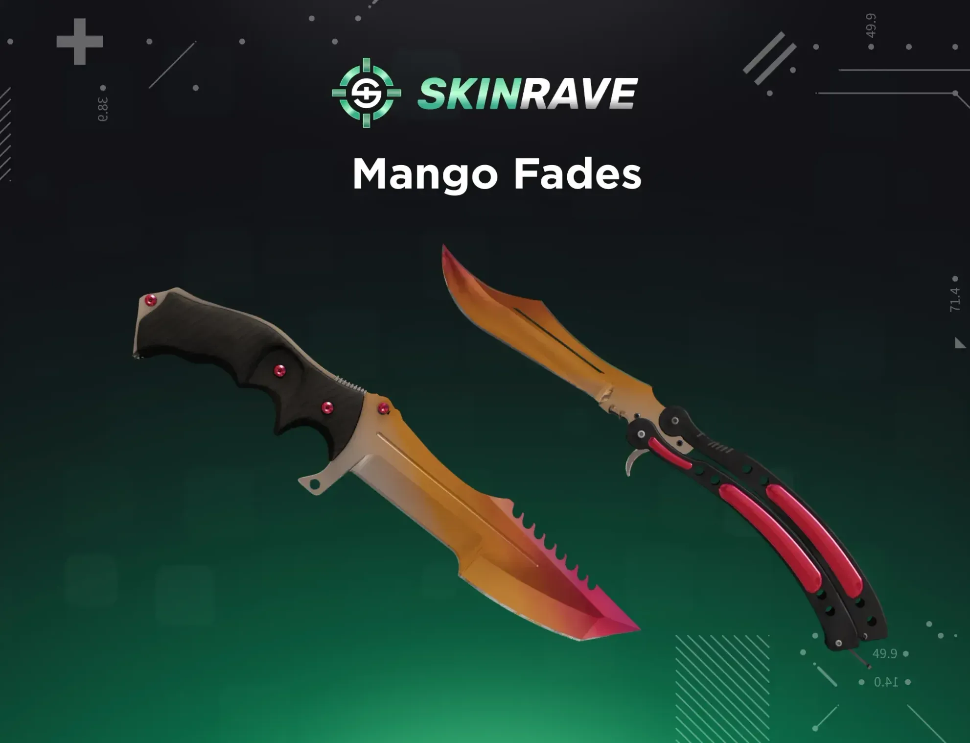 Two CS2 Fade knives displayed on a green SkinRave background