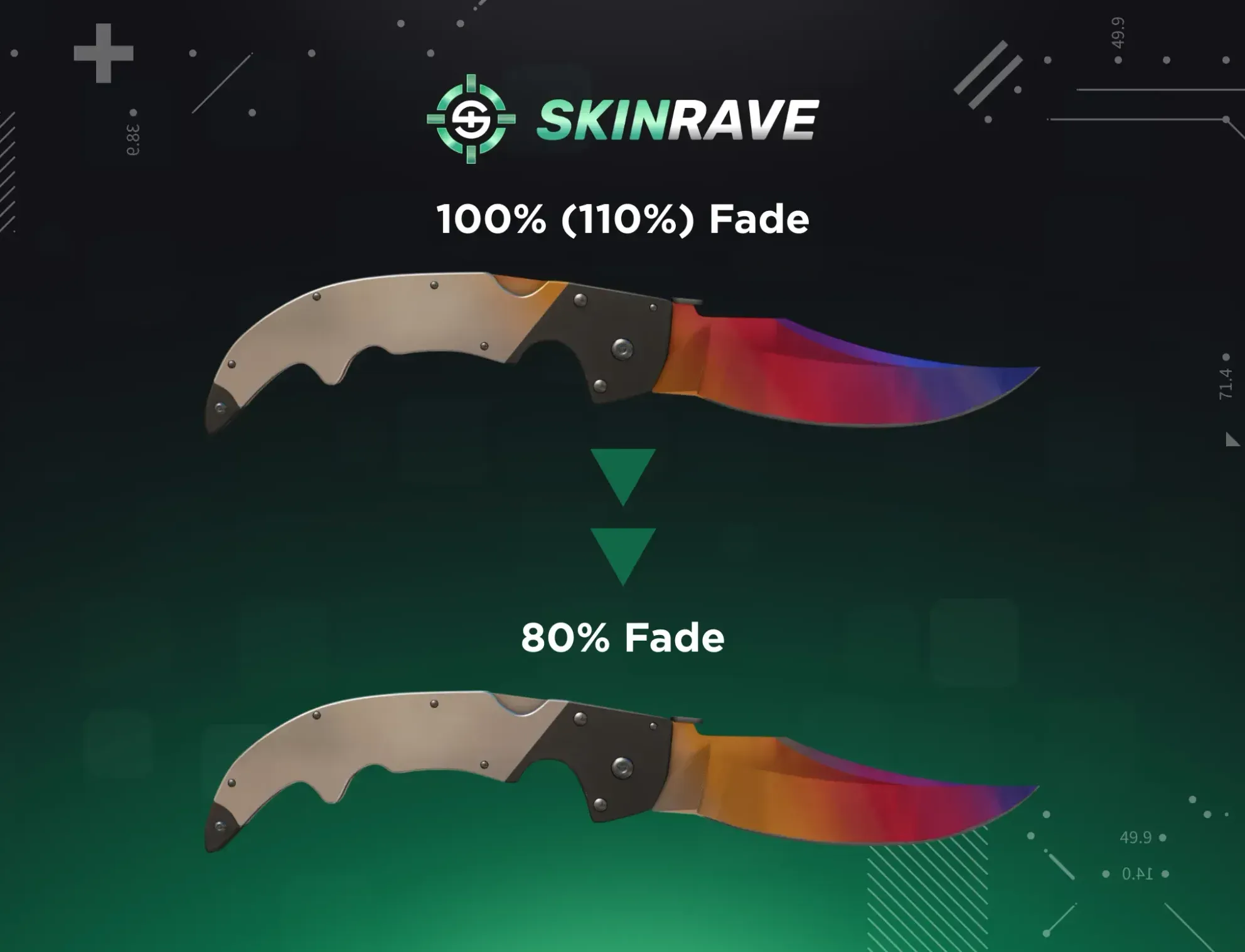 Comparison of two CS2 Fade knives on a green tech-themed SkinRave background.