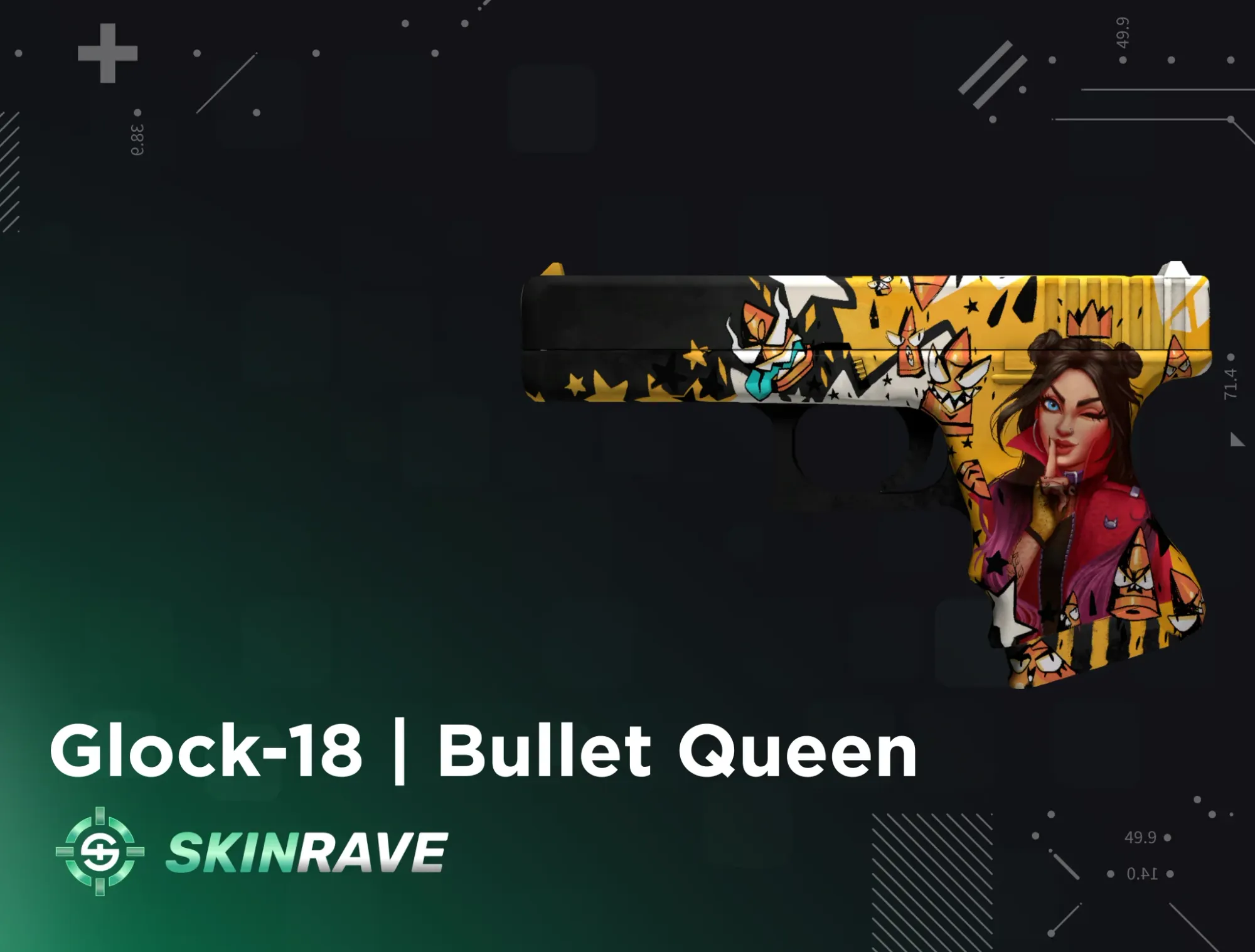Glock-18 Bullet Queen CS2 skin with vibrant yellow graffiti and illustrated female character – standout yellow pistol skin for aggressive play