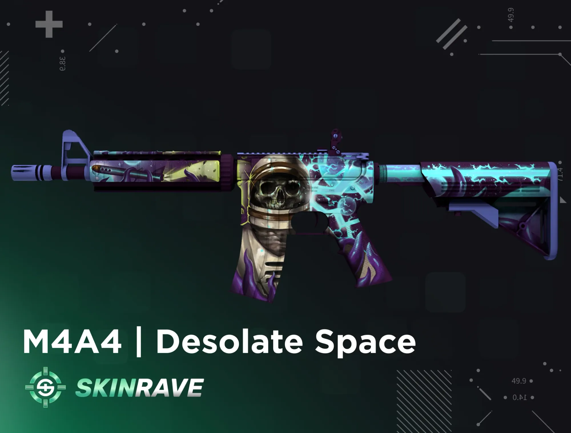M4A4 Desolate Space skin in CS2 – cosmic-themed rifle with blue and purple sci-fi art, ideal for vibrant blue setups.