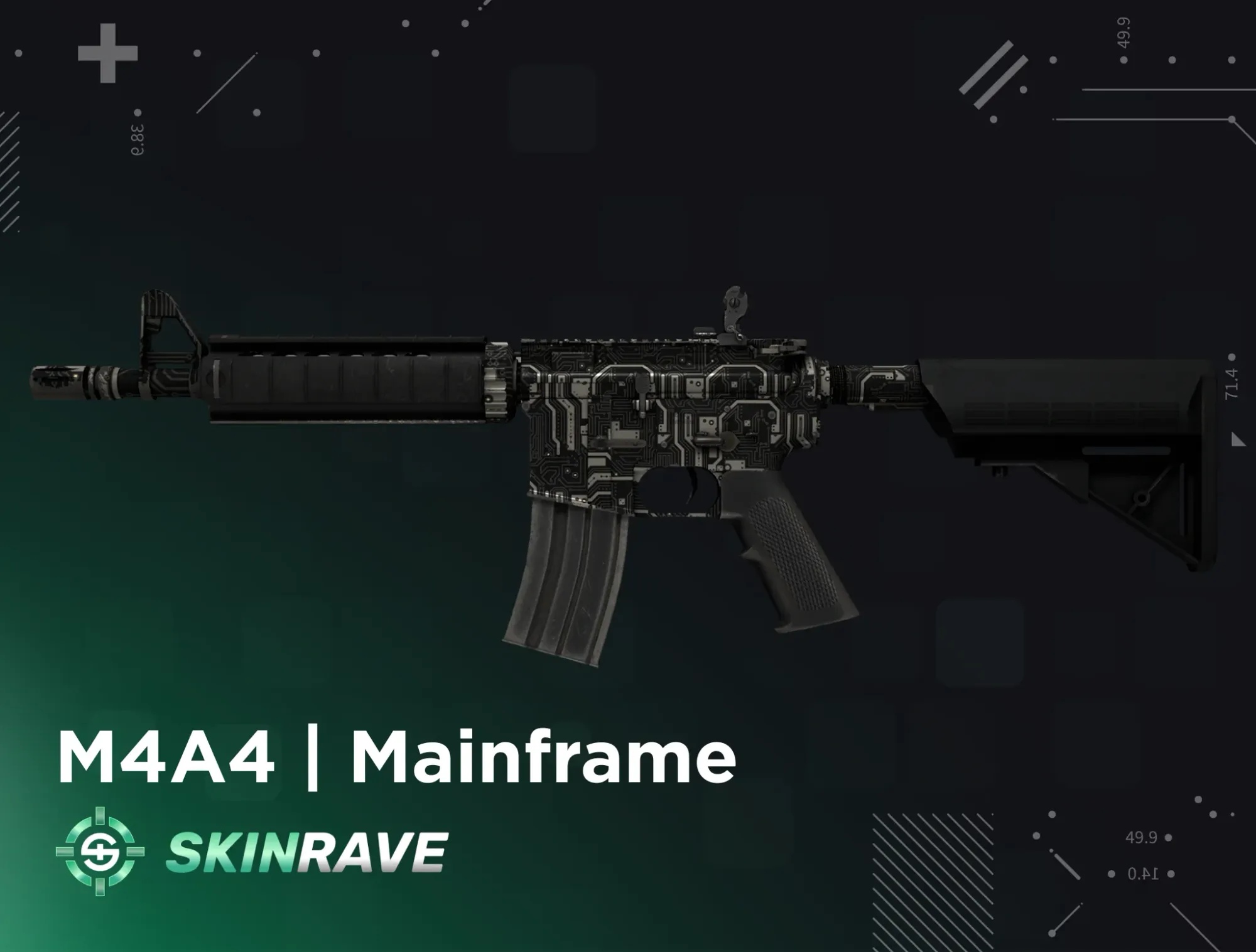CS2 M4A4 Mainframe black weapon skin with tech circuit design, part of Skinrave's dark collection