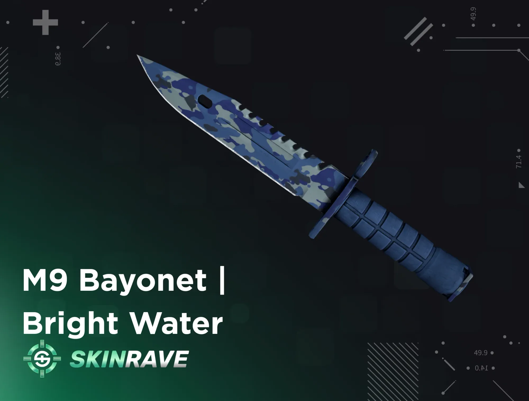 M9 Bayonet Bright Water CS2 skin – blue camo knife with sleek finish, a standout blade for blue skin collectors.