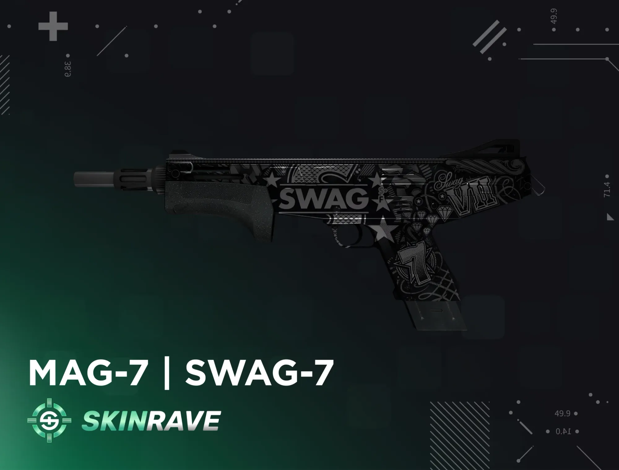 Black MAG-7 SWAG-7 shotgun skin in CS2 with graffiti art style and bold SWAG text, available on Skinrave
