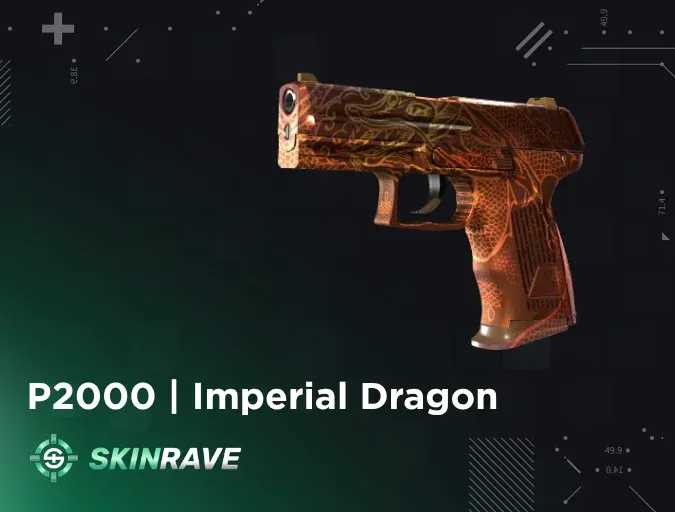 CS2 P2000 Imperial Dragon skin showcase on a green and dark background, displaying red and gold dragon pattern on the pistol