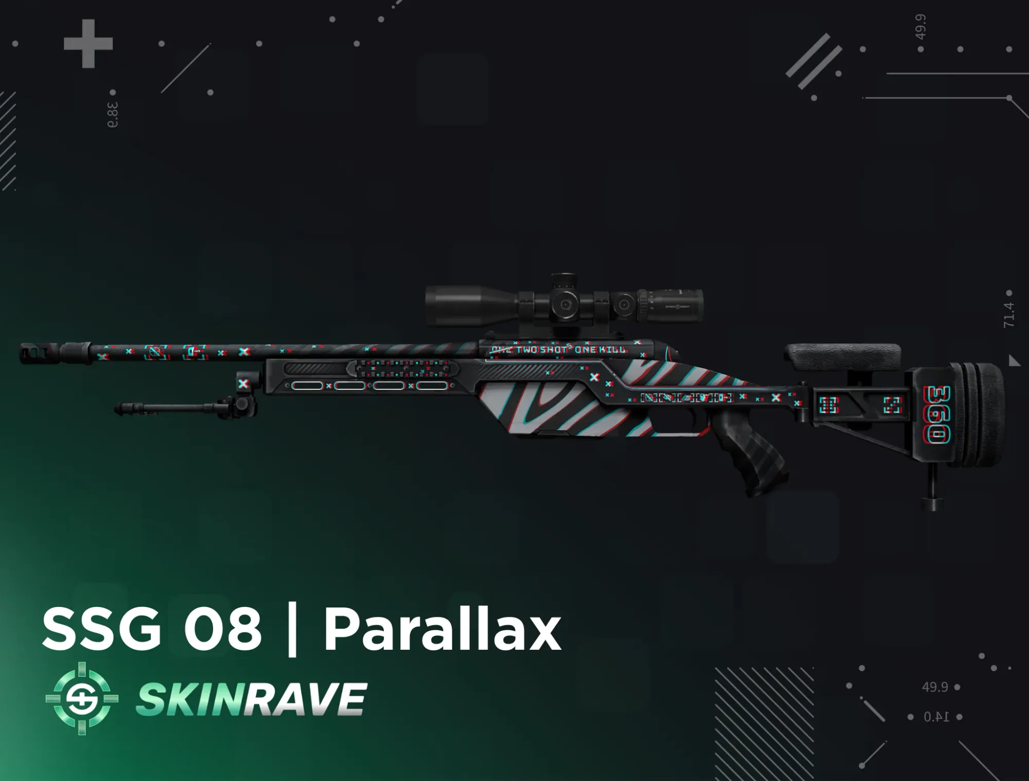 SSG 08 Parallax CS2 sniper skin with bold black base and red-blue 3D overlay, featured on Skinrave