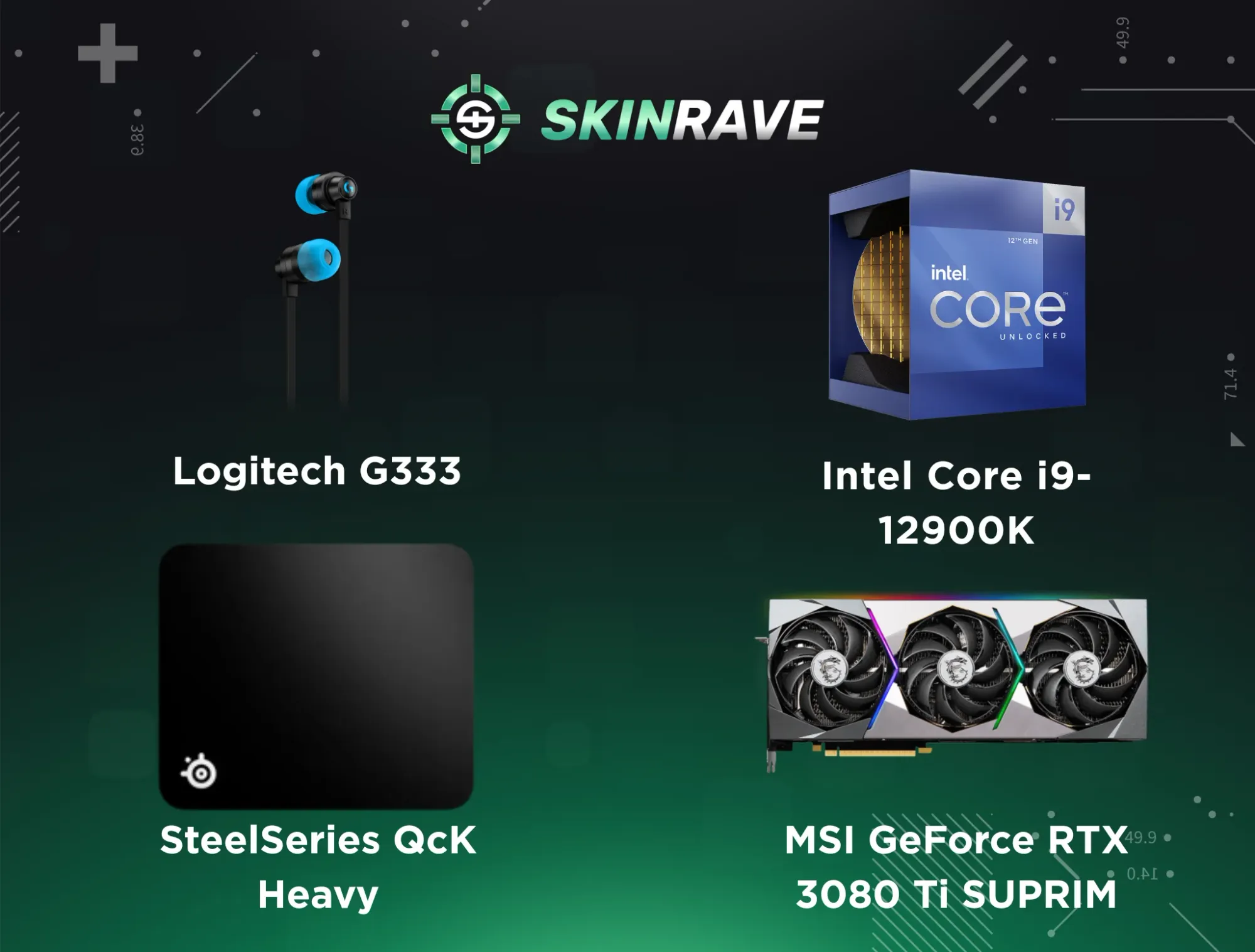 m0NESY’s CS2 PC specs and accessories: Logitech G333 in-ear headphones, Intel Core i9-12900K processor, SteelSeries QcK Heavy mousepad, and MSI GeForce RTX 3080 Ti SUPRIM graphics card