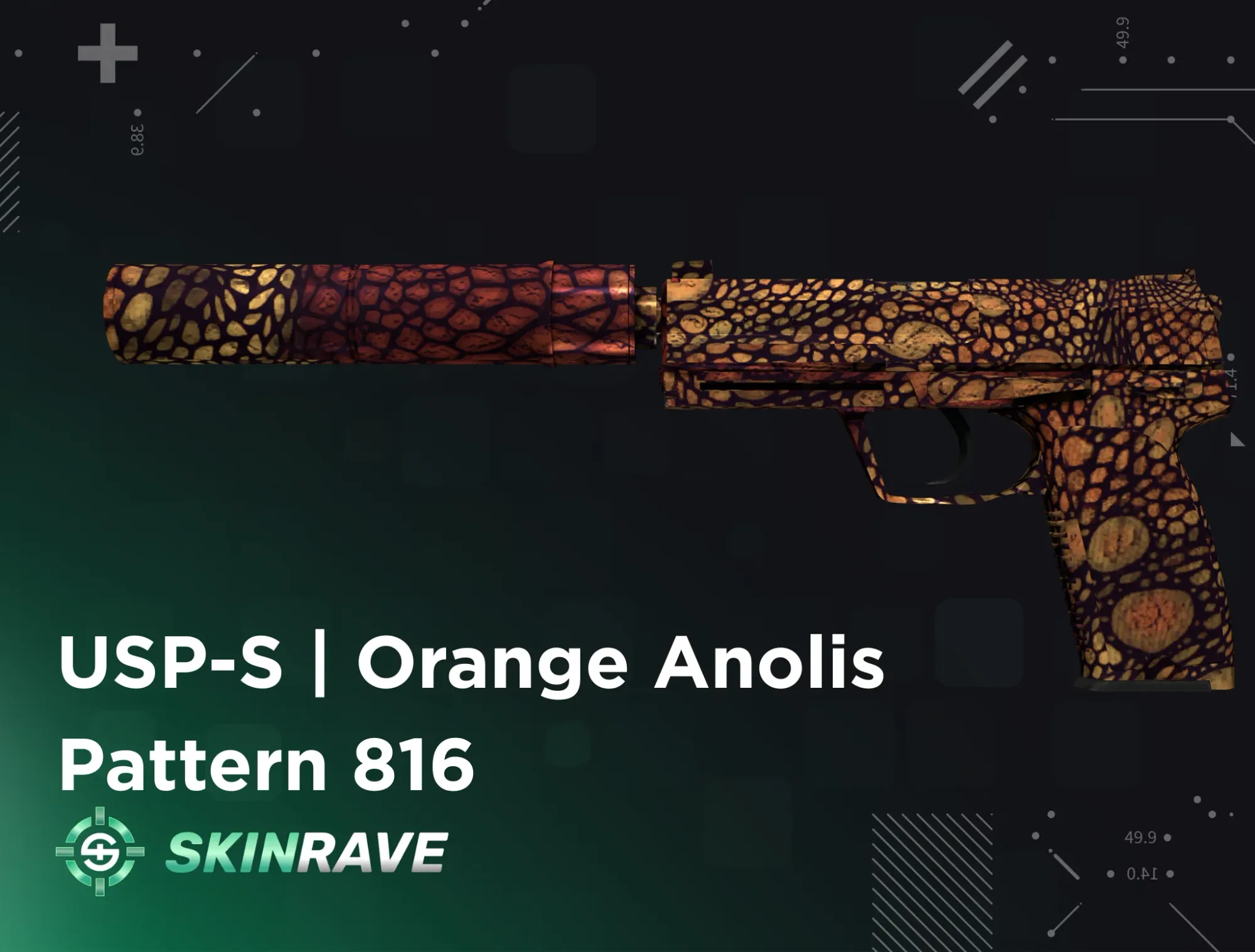 CS2 USP-S Orange Anolis skin Pattern 816 with reptilian scale texture in orange and black