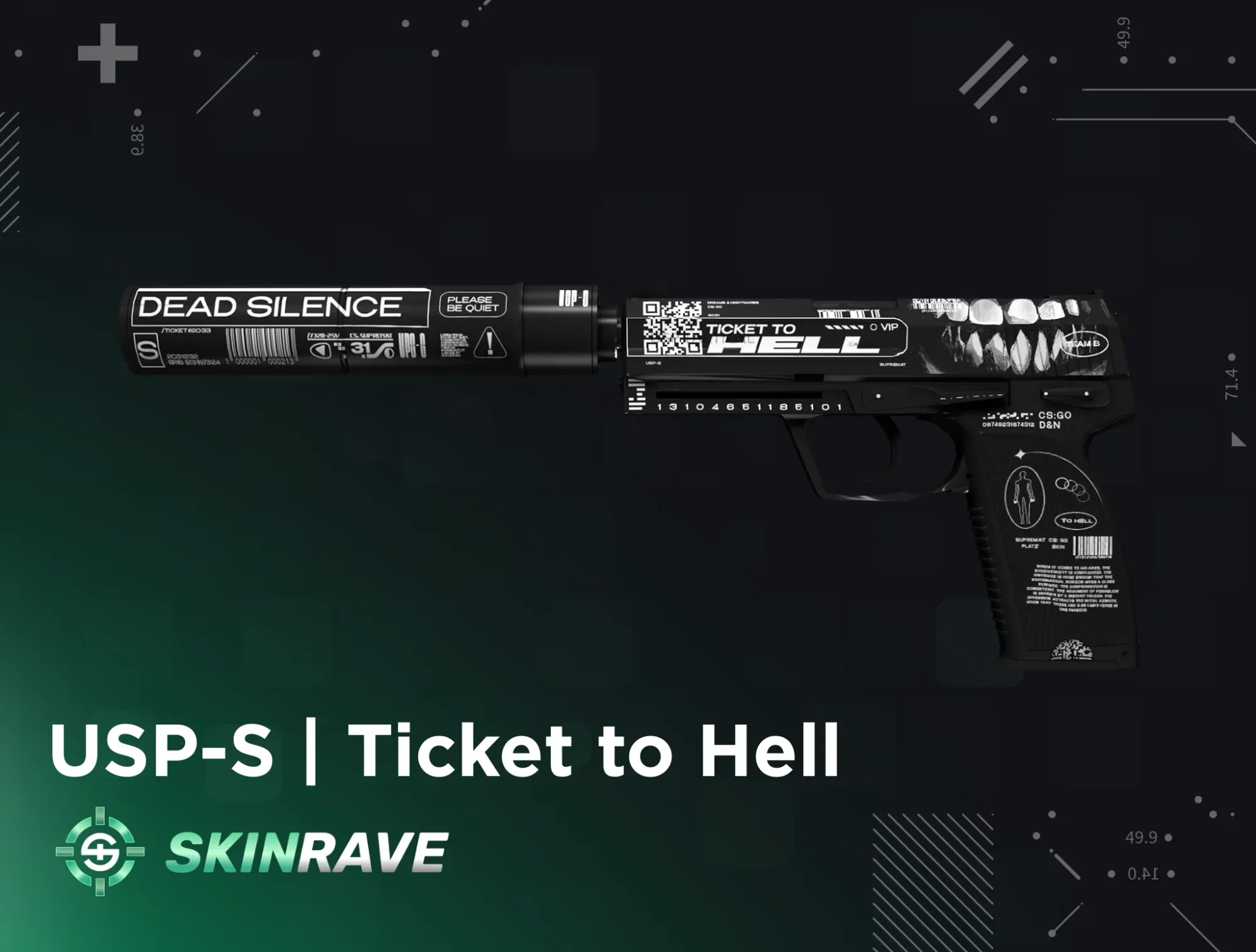 USP-S Ticket to Hell CS2 black pistol skin with graphic text and QR design, part of Skinrave’s dark series