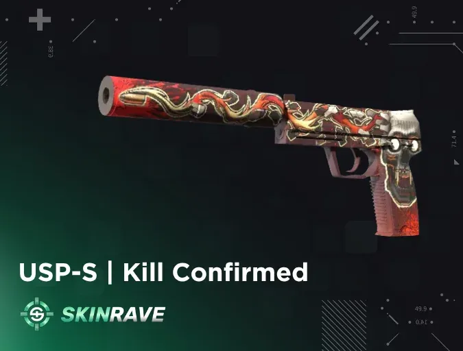 CS2 USP-S Kill Confirmed skin showcase on a green and dark background, featuring red and black pistol design with bullet and skull artwork
