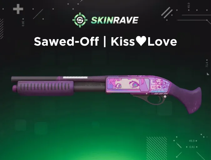 CS2 Sawed-Off Kiss Love skin with pink and purple anime design, big kawaii eyes, and romantic elements inspired by yandere character tropes.