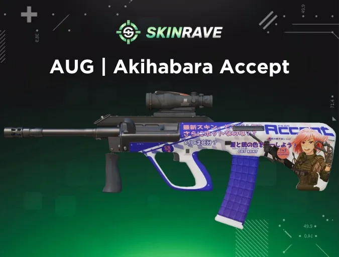 AUG Akihabara Accept skin with anime military girl, Japanese text, and white-blue-purple design, referencing Tokyo’s otaku culture hub.