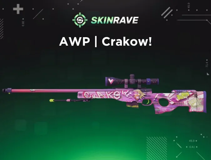 CS2 AWP Crakow! skin featuring comic-style anime girl with robot and text effects like “CRAKOW!” and graffiti hearts in pink and purple tones.