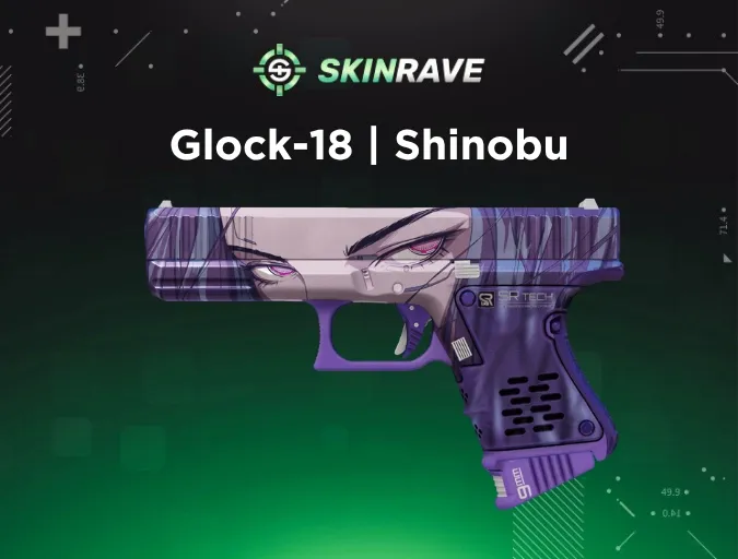 Glock-18 Shinobu CS2 skin with cyberpunk anime design, manga-style eye panel and SR Tech lens details in purple and pink colors.