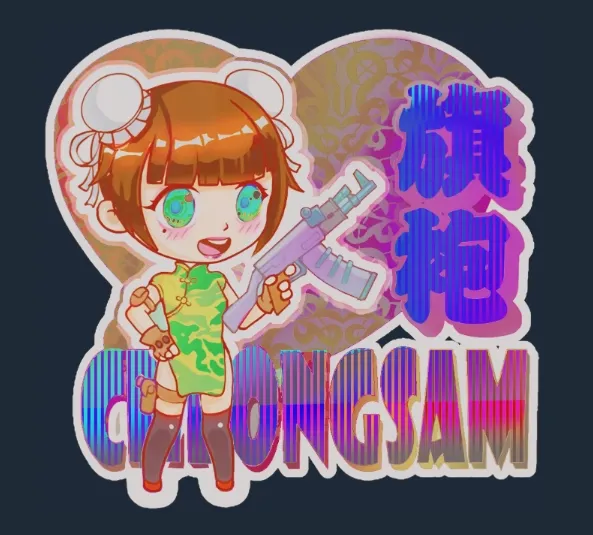 Holo Cheongsam anime sticker in CS2 featuring a chibi girl with brown hair and teal eyes in a teal Chinese dress, with rainbow holo “CHEONGSAM” text and a dark purple heart background for a vibrant finish.