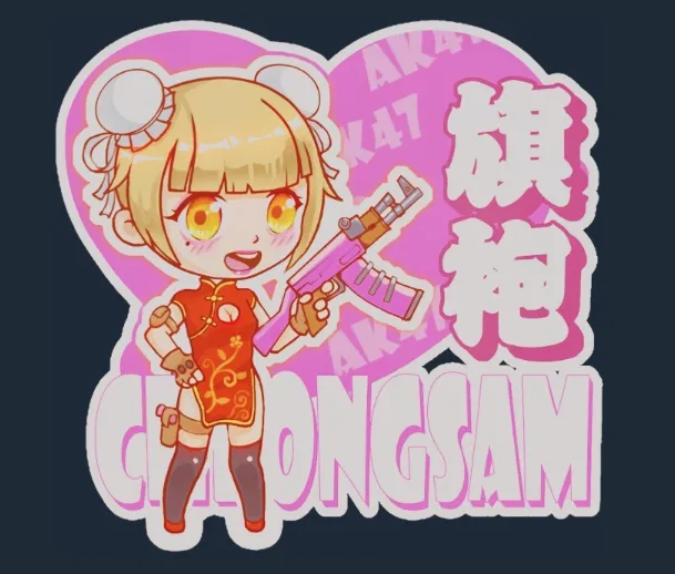 Cheongsam anime sticker in CS2 showing a chibi blonde girl with hair buns and golden eyes wearing a red Chinese dress, playfully holding a pink AK-47, matching the Counter-Strike aesthetic.