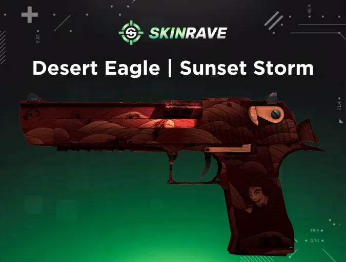Desert Eagle Sunset Storm CS2 skins in traditional ukiyo-e Japanese art style, with stormy sea motifs in orange-red and hidden character portrait.