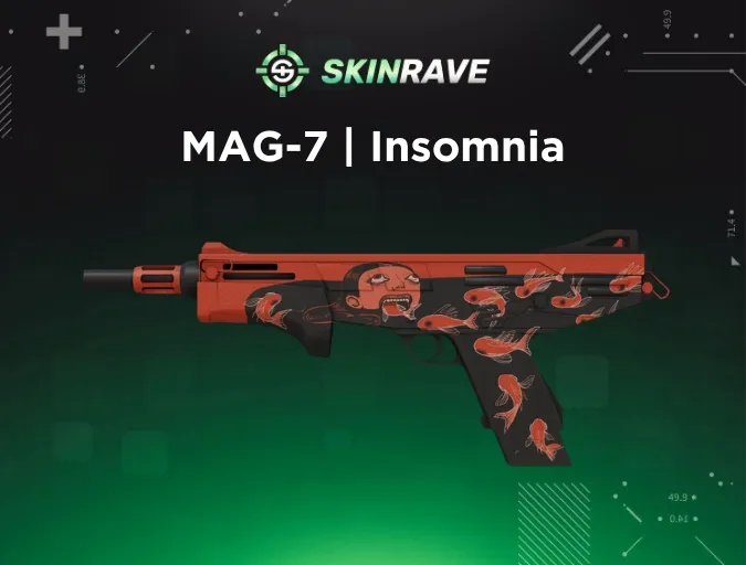 Manga horror-style MAG-7 Insomnia CS2 skin featuring wide-eyed female head and fish entering mouth, in black and orange-red tones.