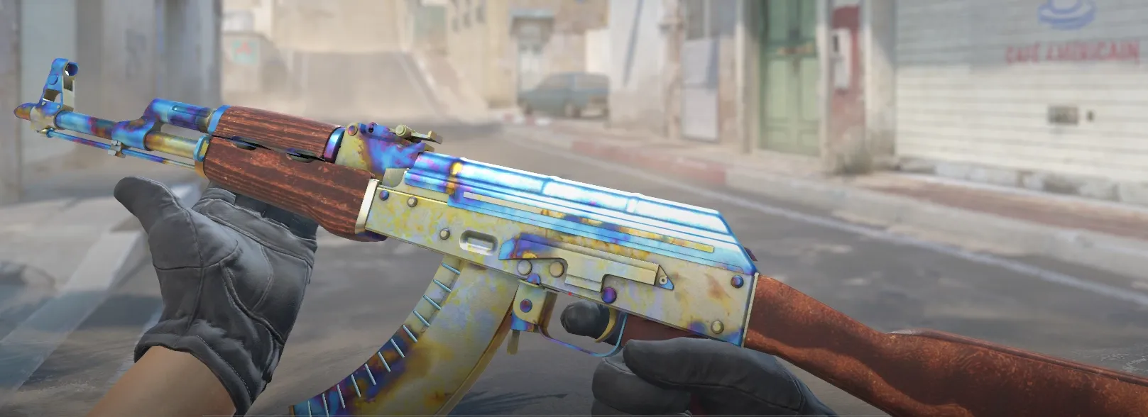 In game image of the legendary Pattern #661 Factory New, considered the best AK-47 Case Hardened Blue Gem you can get your hands on.