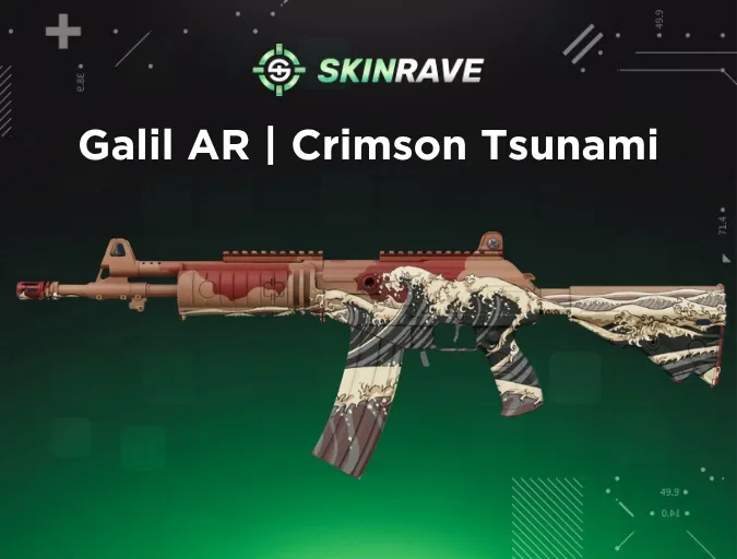 Galil AR Crimson Tsunami CS2 skin with wave art inspired by Hokusai’s Great Wave off Kanagawa, using red and blue tones.