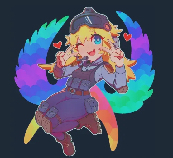 Kawaii CT, one of the best cs2 anime stickers featuring a cute girl in a CT uniform with headset and goggles, giving a playful wink and peace sign with rainbow wings, capturing the fun side of Counter-Strike.