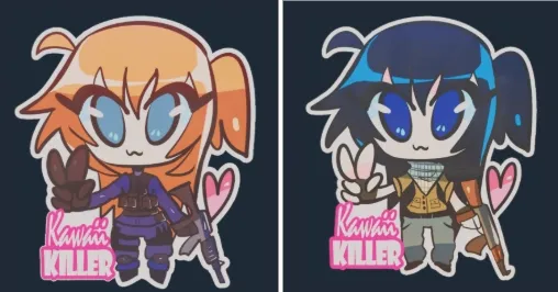 Kawaii Killer CT and T anime stickers in CS2 featuring chibi characters making peace signs while holding rifles, showcasing the cute but dangerous aesthetic that defines the anime sticker genre in Counter-Strike.