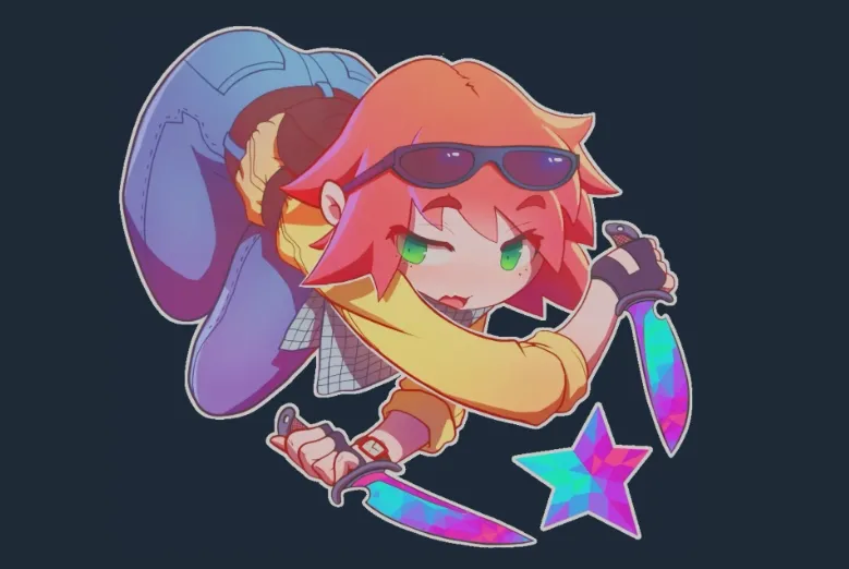 Kawaii T Holo sticker in CS2 showing a chibi girl with red-orange hair, green eyes, yellow hoodie, and sunglasses, crouching with a smirk while holding two pink holo knives, popular for “sus crafts” in the CS community.