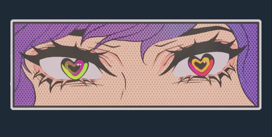 Loving Eyes holo anime sticker in CS2 featuring sparkling pink, purple, and yellow heart-shaped anime eyes with light purple hair, using an “eye panel” style that shimmers in-game.