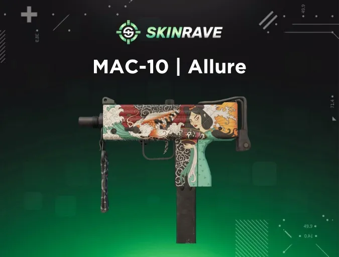 MAC-10 Allure skin in CS2 showing a Japanese Iso Onna spirit with koi fish, teal-red-gold color blend, and waves inspired by folklore.