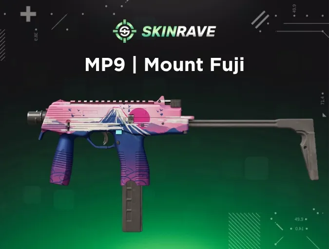 Anime-themed CS2 MP9 Mount Fuji skin with Japan’s iconic mountain, a red sun, and soft pink-blue colors resembling traditional anime landscapes.