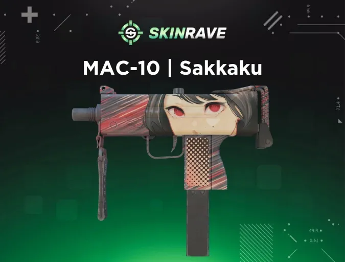 MAC-10 Sakkaku, one of the best CS2 anime skins, featuring red glowing anime eyes similar to a close-up manga panel, inspired by optical illusions and Japanese visual art.