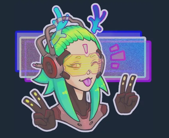 V for Victory Holo anime sticker in CS2 featuring a green-haired anime girl with a cheeky grin and tongue out, in a vibrant cyberpunk style with shifting green, blue, and yellow holographic effects.
