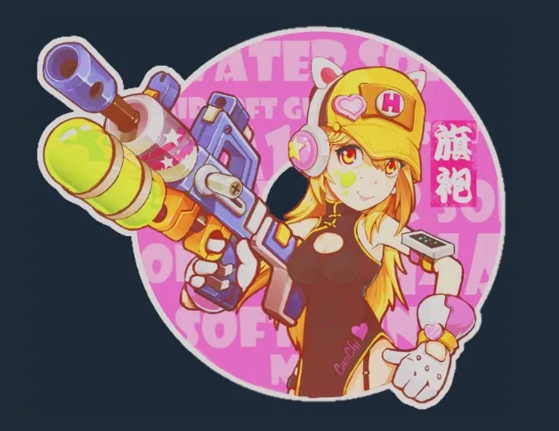 Water Gun anime sticker in CS2 featuring a realistically proportioned anime girl in a black dress and yellow hat with cat-ear headphones, holding a large water gun on a vibrant pink circular background with white text and Chinese characters.