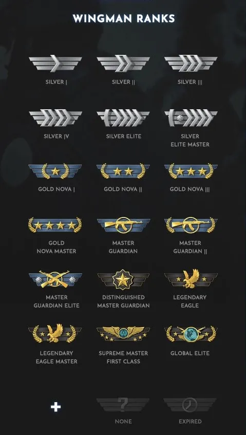 Complete CS2 Wingman ranking system with all ranks and thier icons from Silver 1 to Global Elite