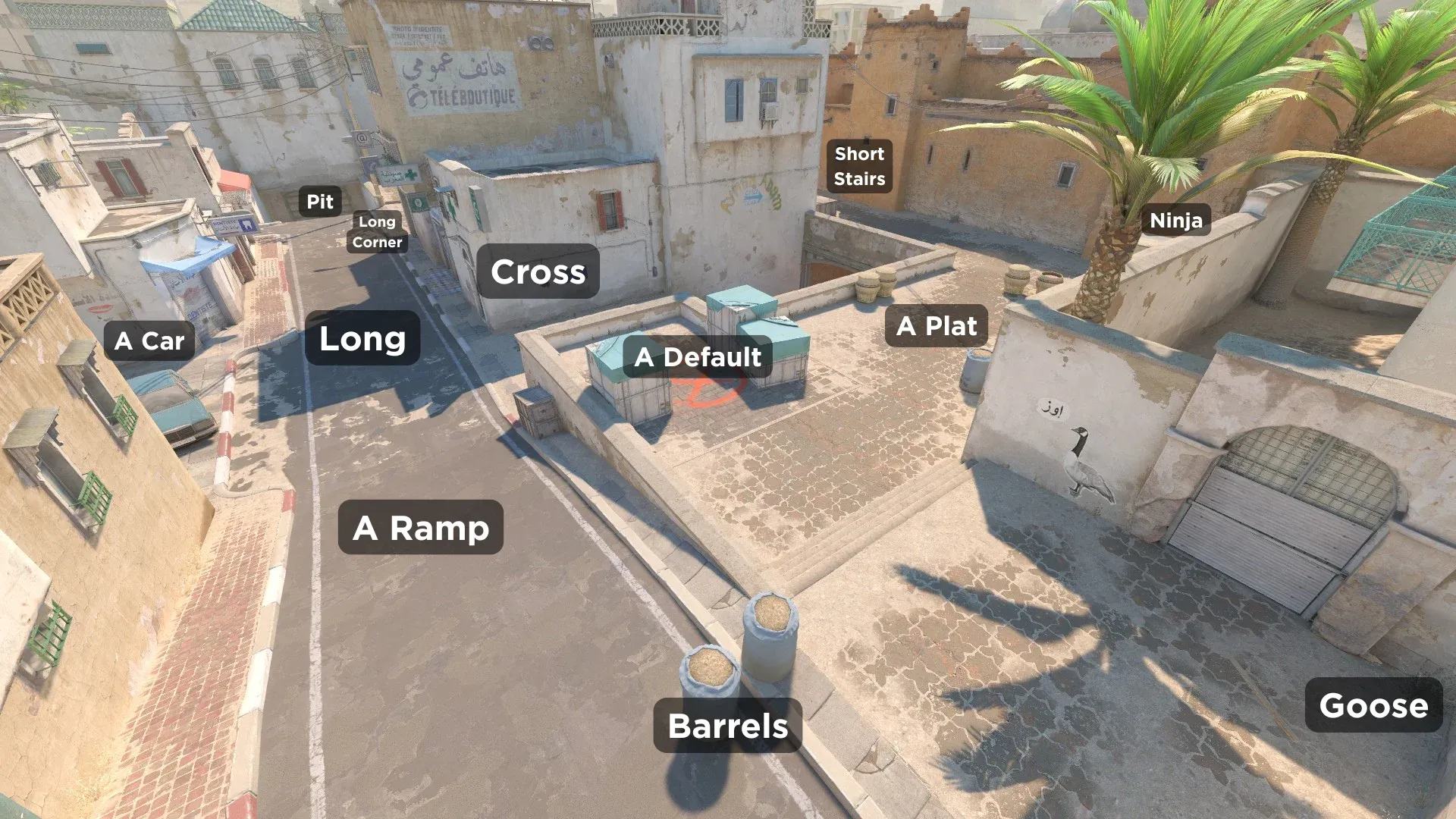 Image of Dust 2 in CS2 featuring A-Site, Long and Short