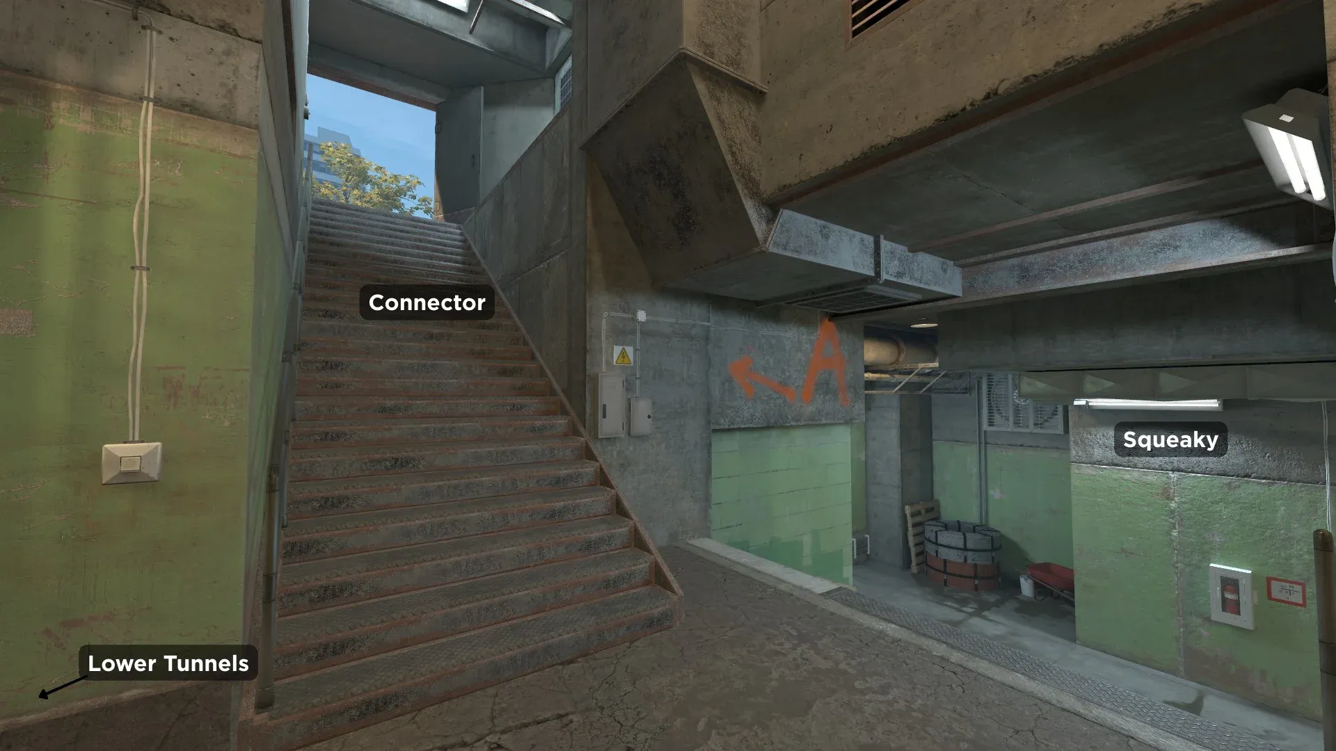 A photo showing Connector, Squeaky and Lower Tunnels callouts locations on Overpass Map in CS2
