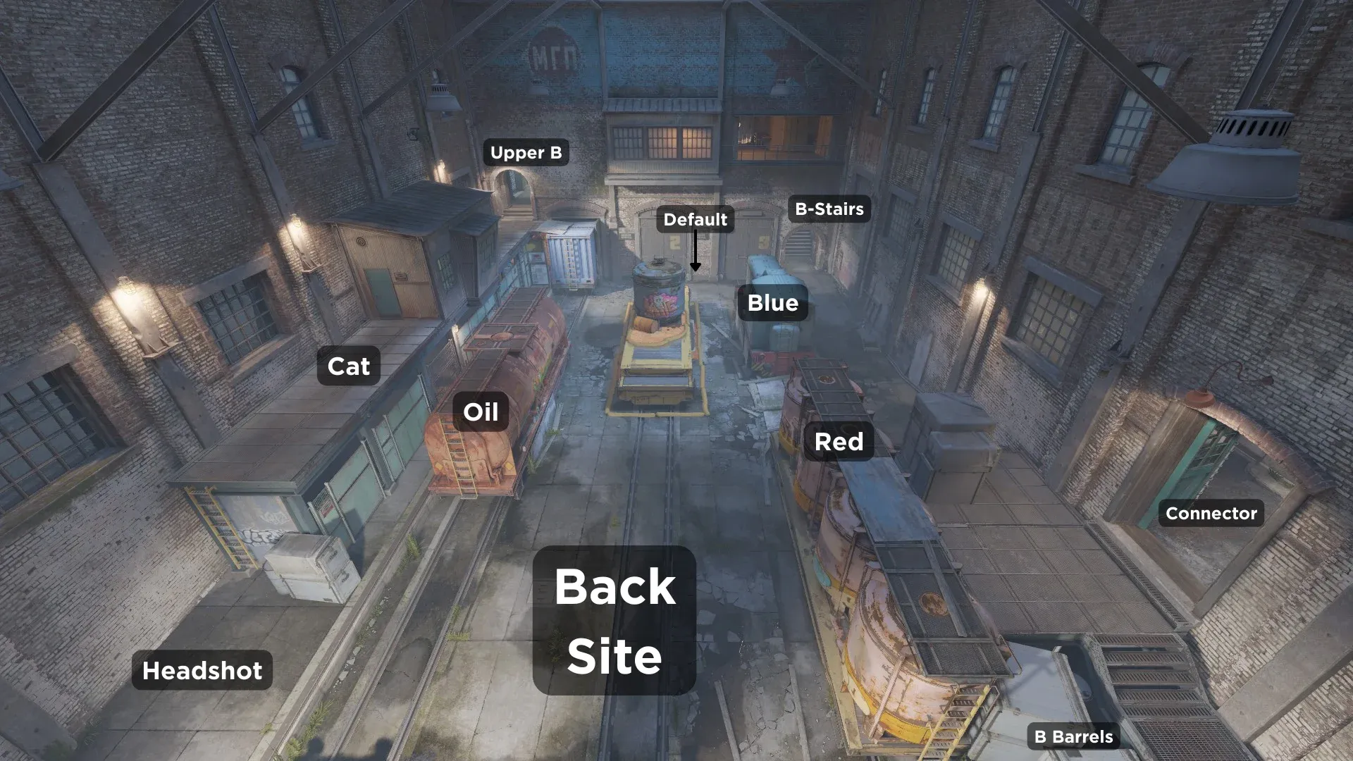 B-site with all it's surrounding callouts such as Oil, Cat and Red on Train Map in CS2