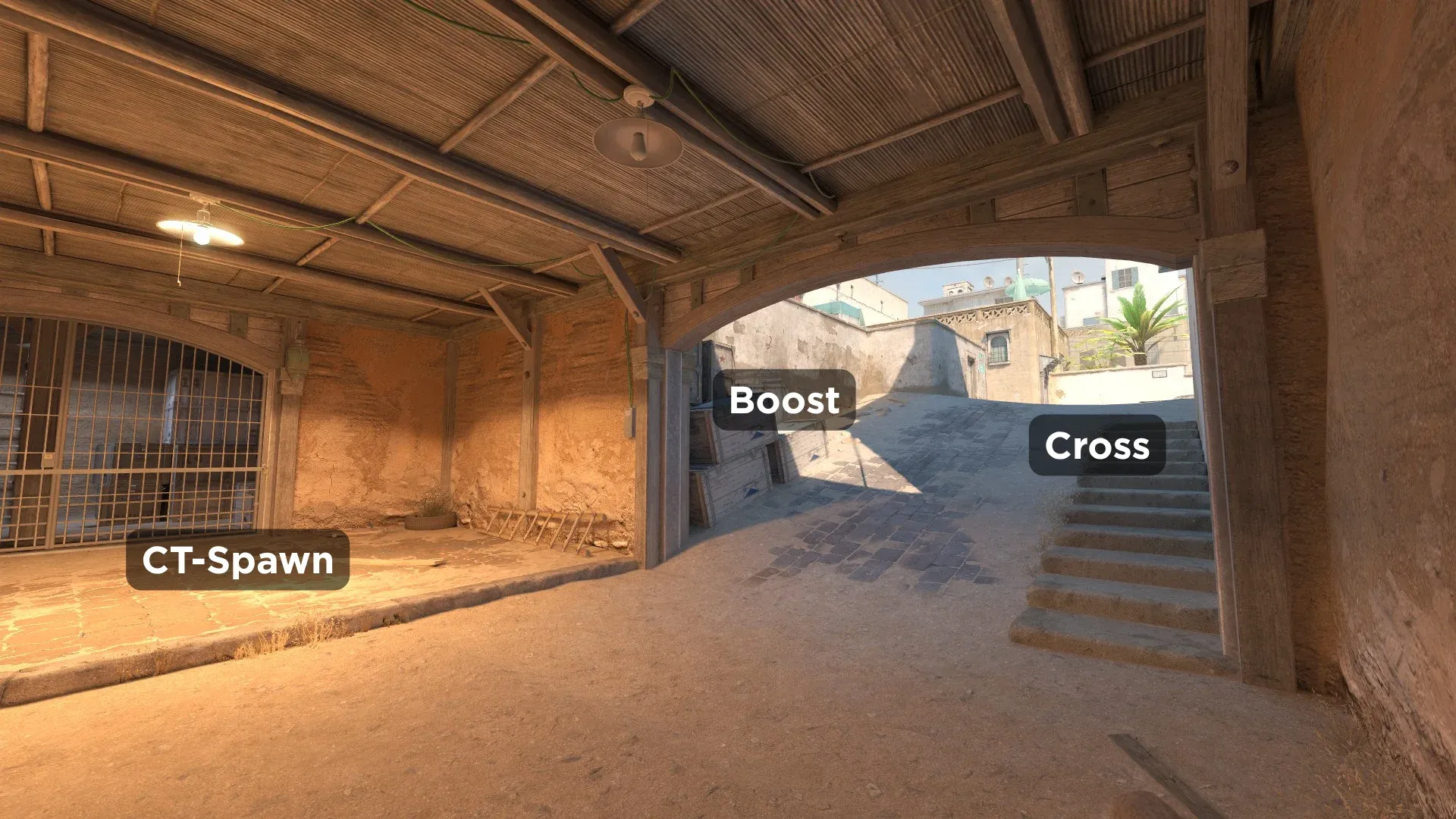 Image highlighting  CT-Spawn and surroundings on CS2 Dust 2