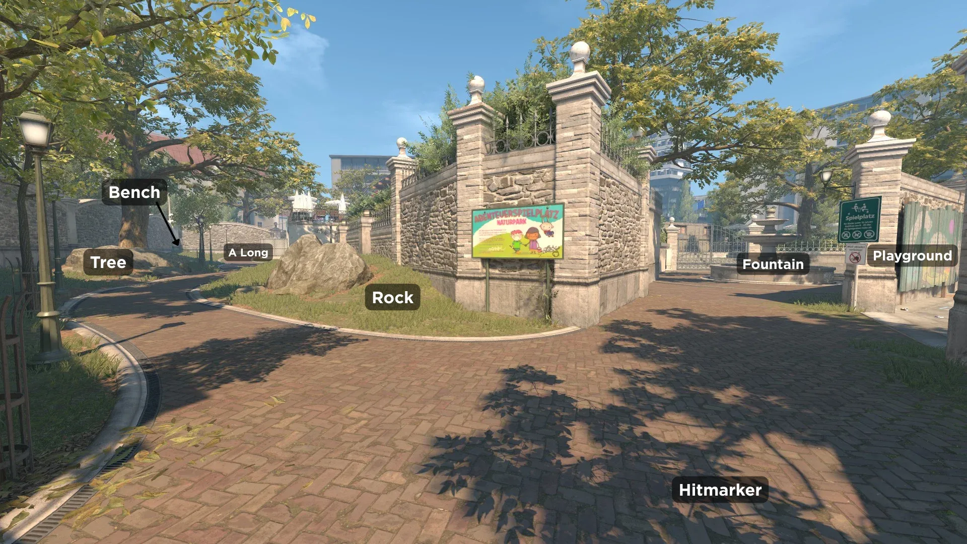 An image showcasing Hitmarker, Rock and A Long with Tree callout locations on Overpass Map in CS2