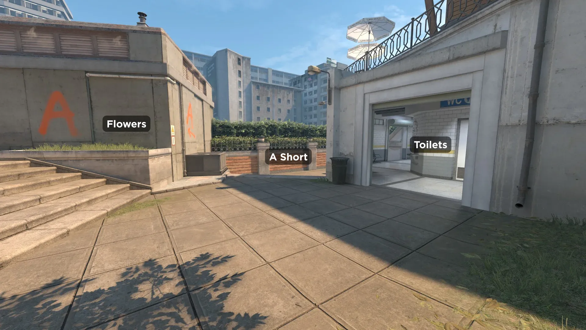 A picture featuring Flowers, A short and Toilets exit on Overpass Map in CS2