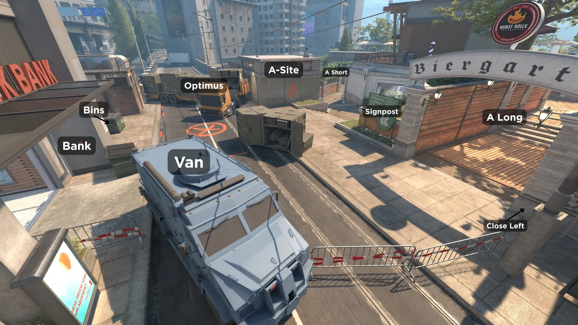 CT-Side and A-Site surrounding's callouts like Van, Bank and Bins on Overpass Map in CS2