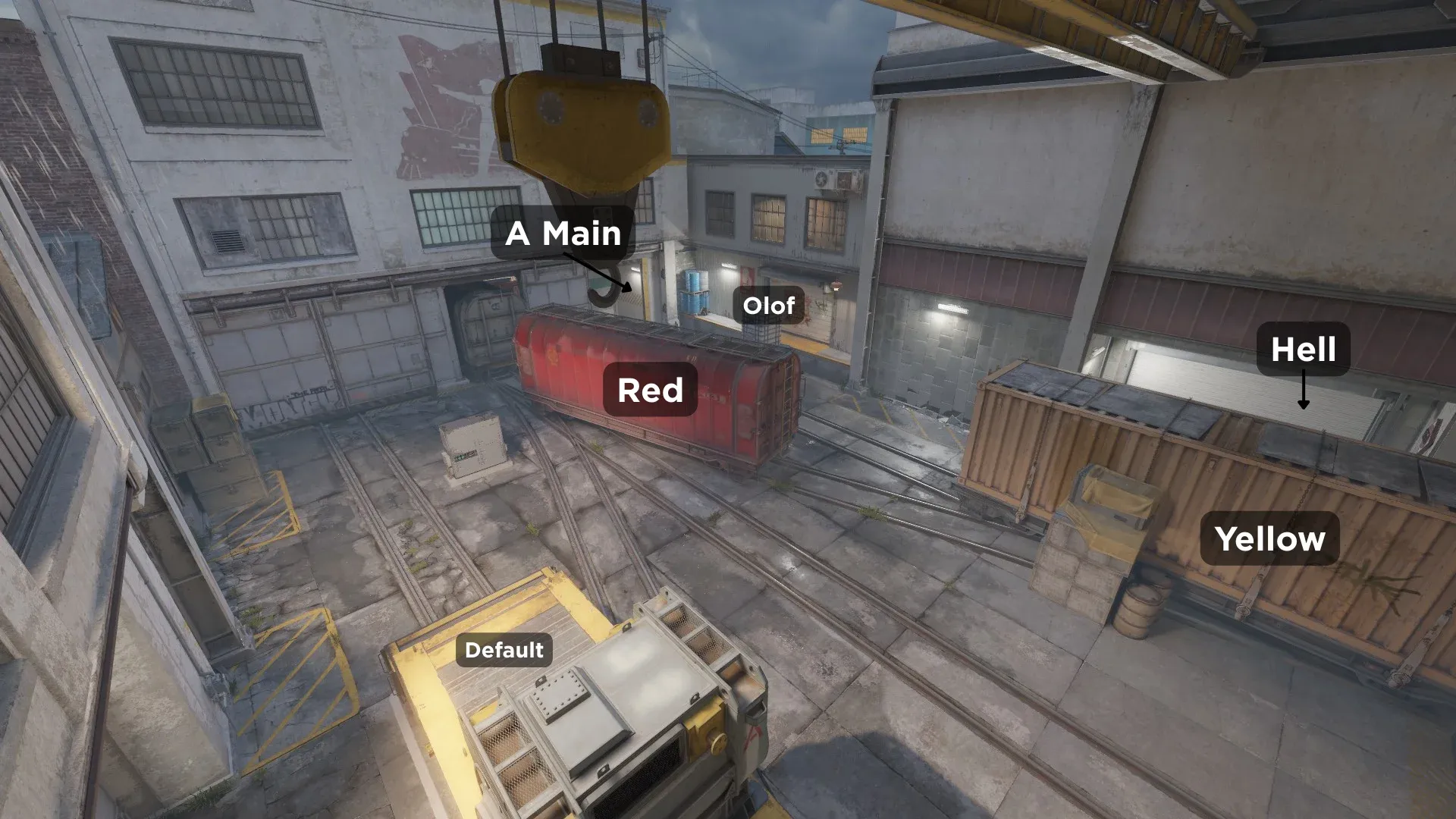 A picture featuring A-Site on Train map with it's surroundings like Red, Olof and Yellow in CS2 