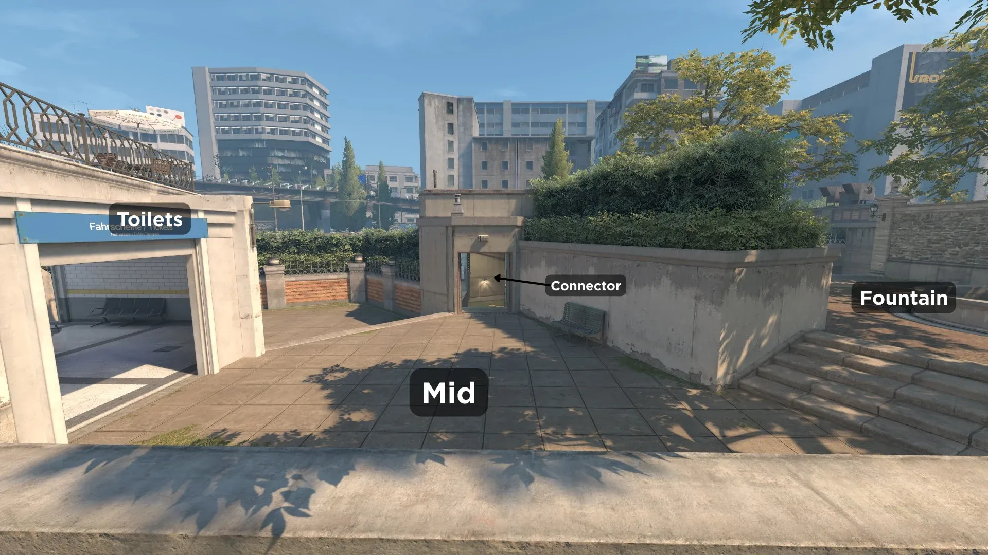 CS2 Overpass map callouts photo of Mid, Toilets, Connector and Fountain